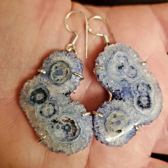 New Oversized Blue Solar Quartz Agate Silver Earrings. - Picture 2 of 14